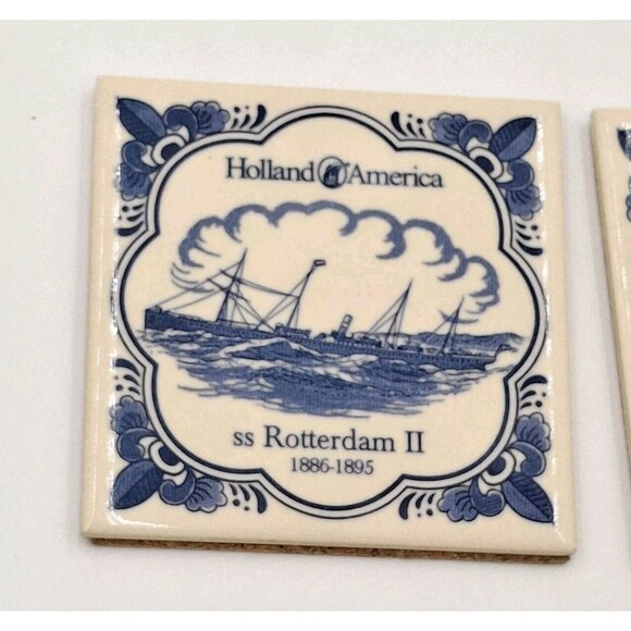 Holland American Cruise Line ms Rotterdam Blue Delft Coaster Tiles w/Cork Set 2 - Picture 3 of 6